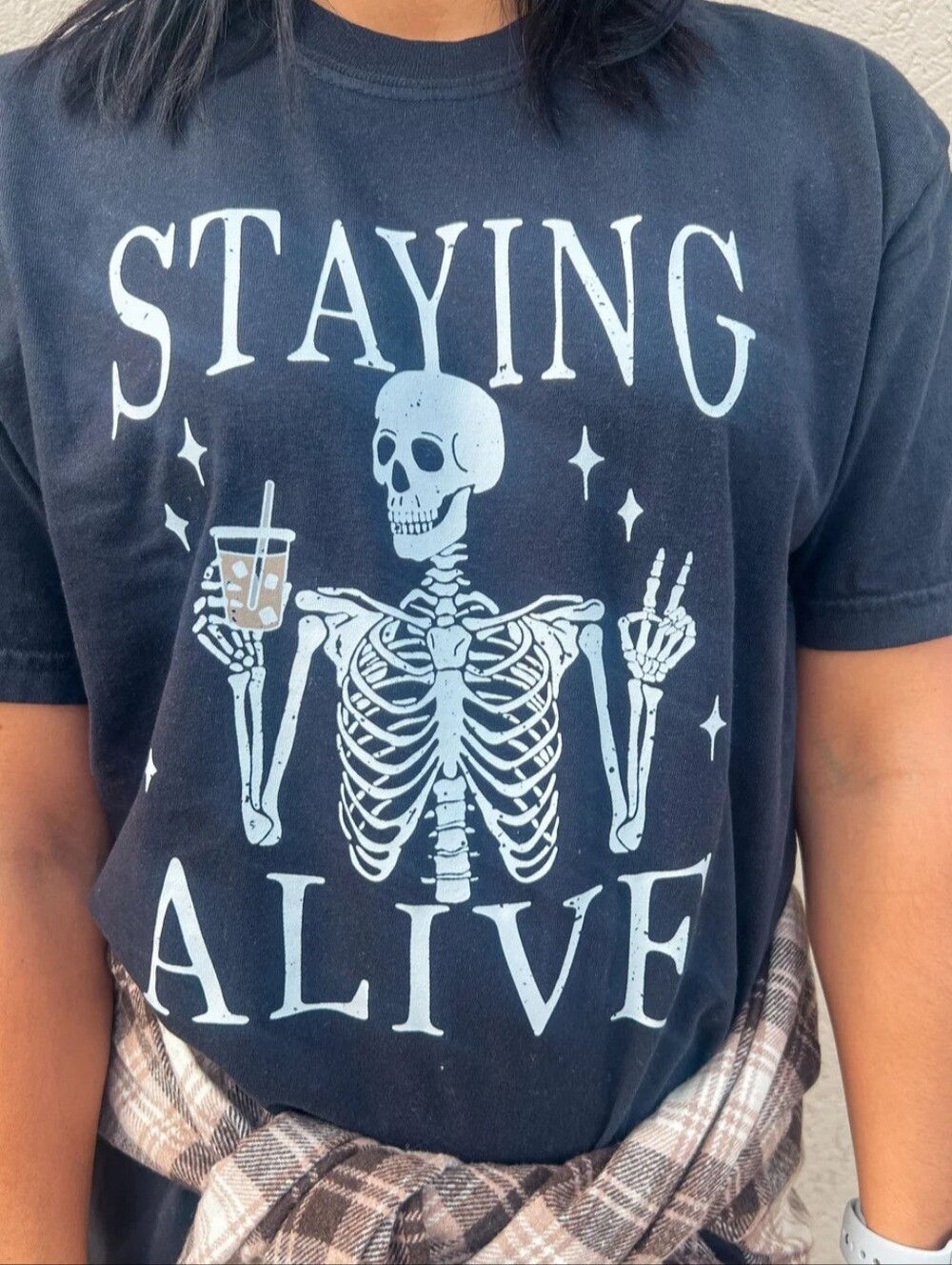 Pink Lily Black Staying Alive Black Oversized Graphic Tee, Size Medium